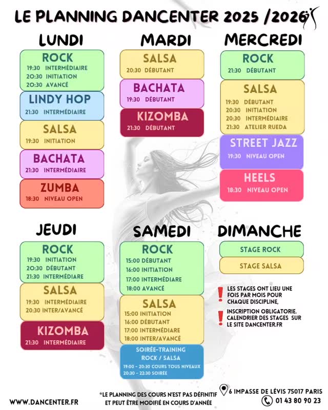 VIENS DANSER AU DANCENTER ✨️💃🕺
Le planning complet des cours solo et en couple est là!
#dancenterparis #danseraparis #coursdedanse #salsacubaine #rockparis #bachata #lindyhop #kizomba #heels #streetjazz #zumba #djembal #paris17