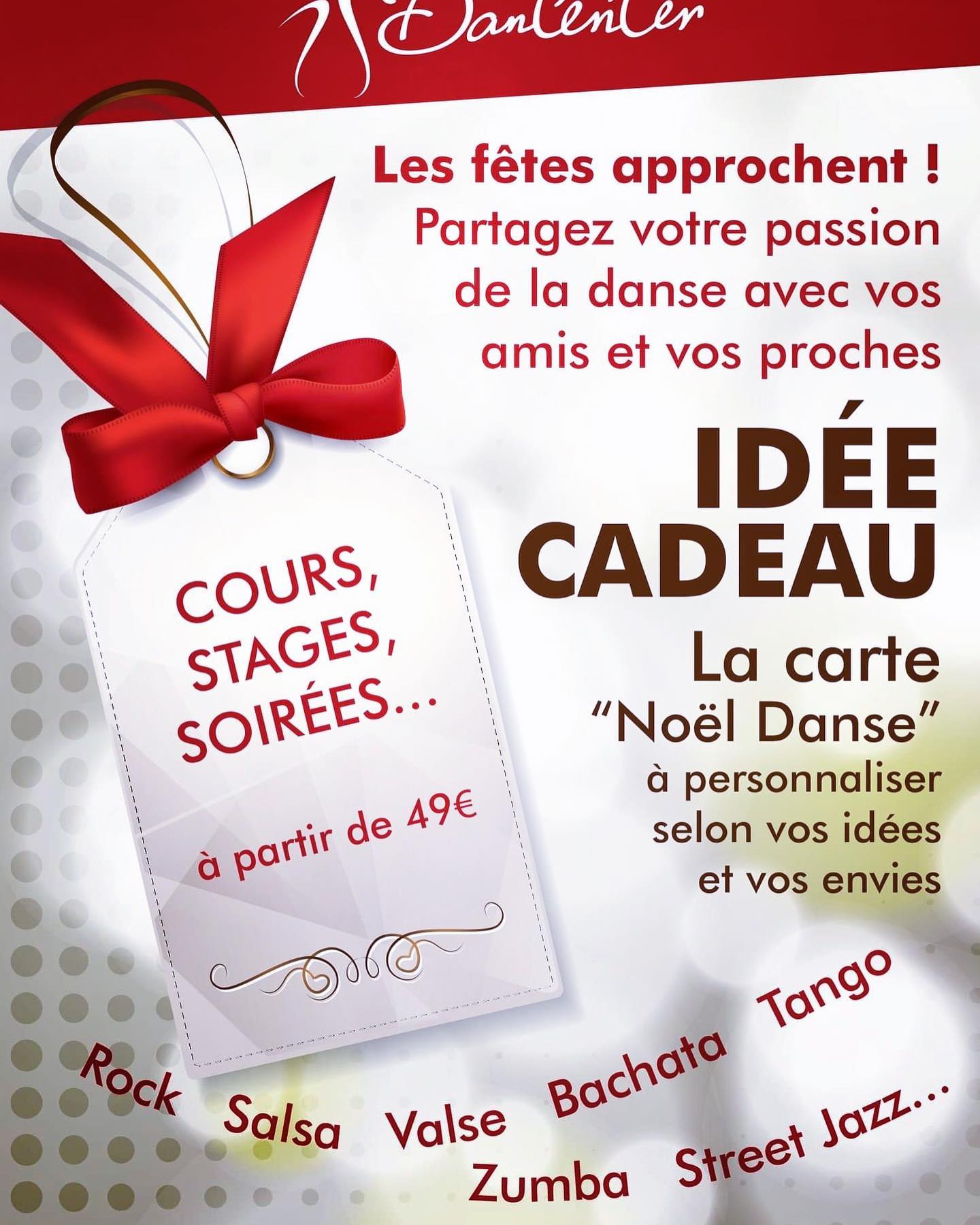 Le temps des fêtes de fin d'année arrive à grandes enjambées 😍!
Faites plaisir à vos proches, amis, et coups de cœur. Venez découvrir le bonheur de la danse. A deux ou en solo selon vos envies 🎁🎁💃🕺!!!
Plus d'informations sur : 📧 dancenter.fr
Standard accueil :📱 01 43 80 90 23